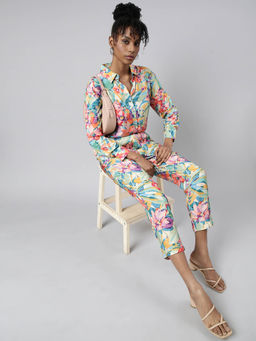 SHOWOFF - Womens Oversized Turquoise Blue Printed Shirt & Trousers (Set of 2)