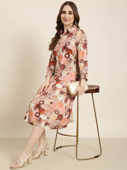 SHOWOFF - Womens Shirt Floral Brown Midi Dress