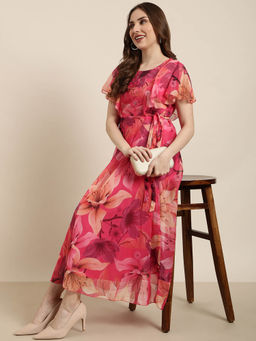 SHOWOFF - Womens Floral Round Neck Pink Empire Midi Dress
