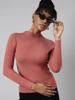 SHOWOFF - Womens Solid High Neck Rust Fitted Top