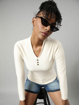 SHOWOFF - Womens Solid V-Neck Cream Fitted Top