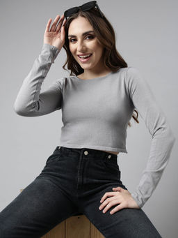SHOWOFF - Womens Solid Round Neck Grey Fitted Crop Top