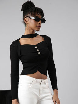 SHOWOFF - Womens Solid Sweetheart Neck Black Fitted Top