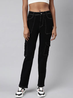 SHOWOFF - Womens Stretchable Straight Fit Mid Rise Denim Black Cargo Jeans