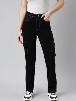 SHOWOFF - Womens Stretchable Straight Fit Mid Rise Denim Black Cargo Jeans