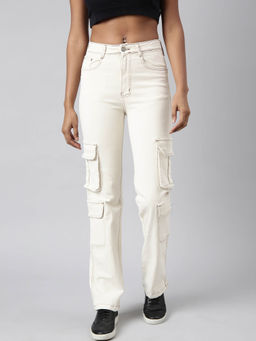 SHOWOFF - Womens Stretchable Straight Fit Mid Rise Denim Cream Cargo Jeans