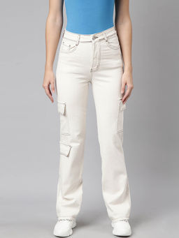SHOWOFF - Womens Stretchable Straight Fit Mid Rise Denim Cream Cargo Jeans