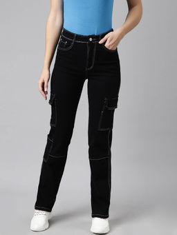SHOWOFF - Womens Stretchable Straight Fit Mid Rise Denim Black Cargo Jeans