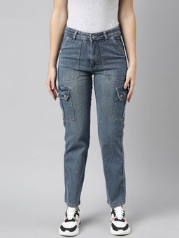 SHOWOFFFF - Womens Stretchable Straight Fit Mid Rise Denim Blue Cargo Jeans