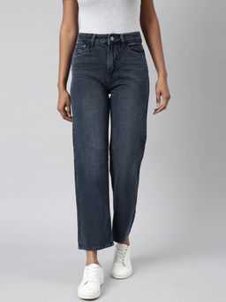 SHOWOFFFF - Womens Non Stretchable Straight Fit Mid Rise Denim Navy Blue Jeans