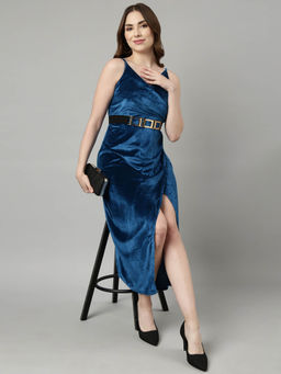 SHOWOFF - Womens Sleeveless A-Line Shoulder Straps Solid Blue Midi Dress