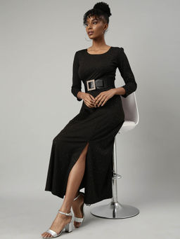 SHOWOFF - Womens A-Line Round Neck Printed Black Maxi Dress