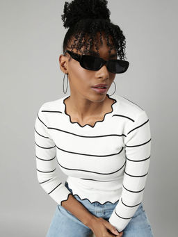 SHOWOFFFF - Womens Striped Round Neck White Fitted Top