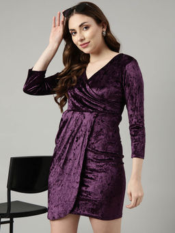 SHOWOFF - Womens Solid V-Neck Purple Wrap Mini Dress