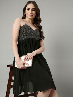 SHOWOFF - Womens Sleeveless Embellished Shoulder Straps Olive Knee Length Dress