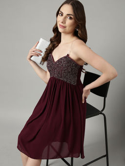 SHOWOFF - Womens Sleeveless Embellished Shoulder Straps Wine Knee Length Dress