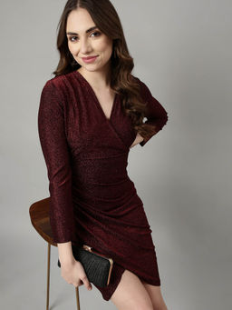 SHOWOFF - Womens Textured V-Neck Maroon Wrap Knee Length Dress