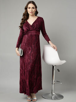 SHOWOFF - Womens Self Design V-Neck Maroon Maxi Dress