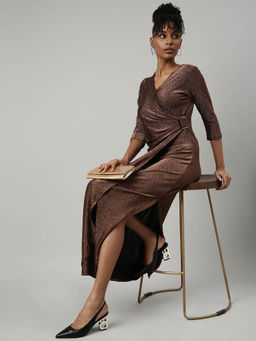 SHOWOFF - Womens Wrap V-Neck Solid Brown Maxi Dress