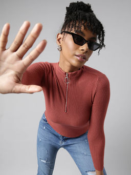 SHOWOFF - Womens Solid High Neck Rust Fitted Top