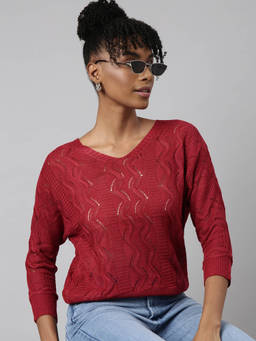 SHOWOFFFF - Womens Self Design V-Neck Maroon Crochet Top
