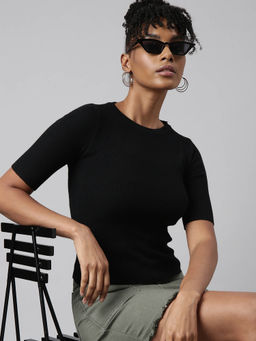 SHOWOFFFF - Womens Short Sleeves Solid Round Neck Black Fitted Top