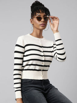 SHOWOFFFF - Womens Striped Round Neck Cream Boxy Top
