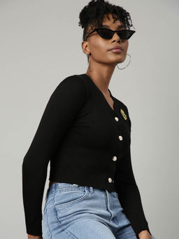 SHOWOFF - Womens Solid V-Neck Black Fitted Top