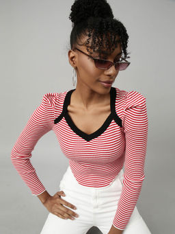 SHOWOFF - Womens Striped Sweetheart Neck Red Fitted Crop Top