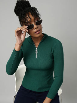 SHOWOFFFF - Womens Solid High Neck Green Fitted Top
