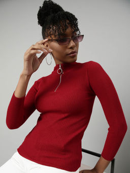 SHOWOFF - Womens Solid High Neck Red Fitted Top
