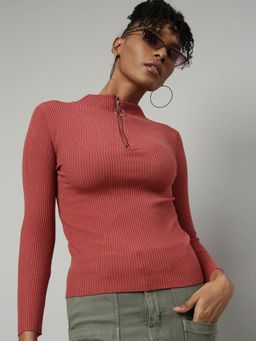 SHOWOFF - Womens Solid High Neck Rust Top