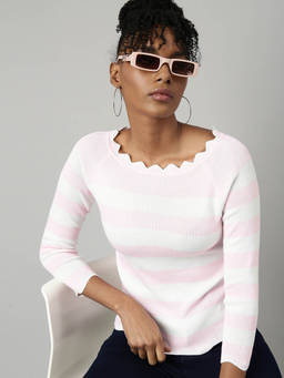 SHOWOFFFF - Womens Striped Pink Fitted Top