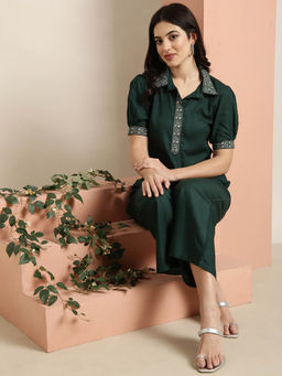 SHOWOFFFF - Womens Short Sleeves Green Solid Tunic & Palazzo (Set of 2)