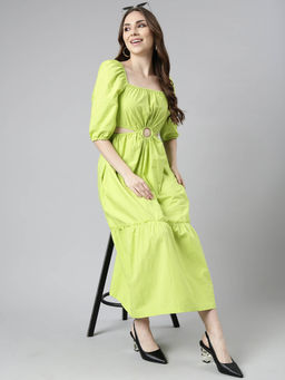 SHOWOFF - Womens Square Neck Fit and Flare Solid Green Midi Dress