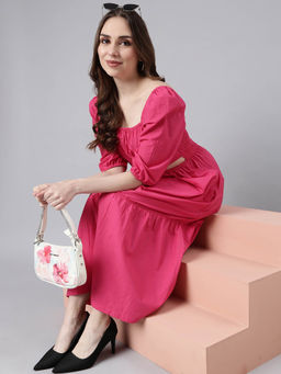SHOWOFF - Womens Square Neck Fit and Flare Solid Pink Midi Dress