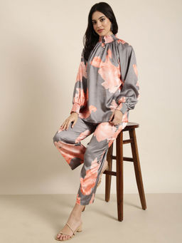SHOWOFF - Womens Oversized High Neck Grey Printed Top & Trousers (Set of 2)