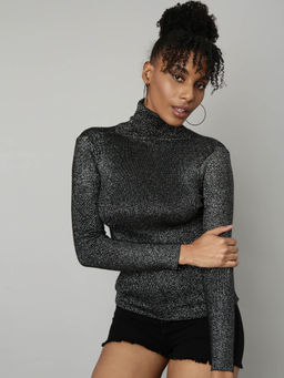SHOWOFF - Womens Solid Turtle Neck Black Fitted Top