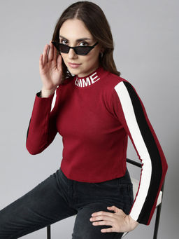 SHOWOFF - Womens Solid High Neck Maroon Fitted Top