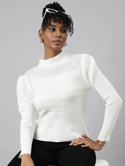 SHOWOFFFF - Womens Self Design High Neck White Fitted Top