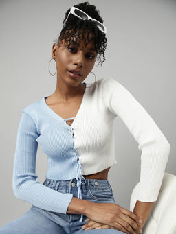 SHOWOFFFF - Womens Colorblock V-Neck Blue Fitted Crop Top