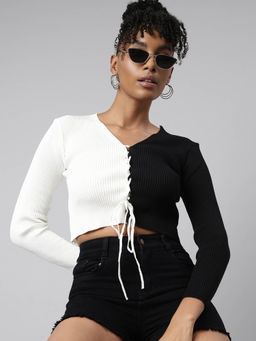 SHOWOFF - Womens Colorblock V-Neck White Fitted Crop Top