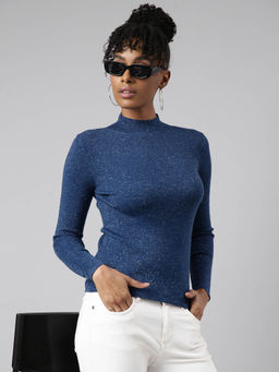 SHOWOFF - Womens Solid High Neck Teal Fitted Top