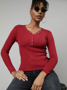 SHOWOFF - Womens Solid V-Neck Maroon Fitted Top