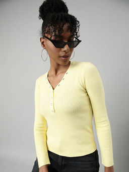 SHOWOFF - Womens Solid V-Neck Yellow Fitted Top