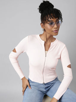 SHOWOFF - Womens Solid High Neck Pink Fitted Top