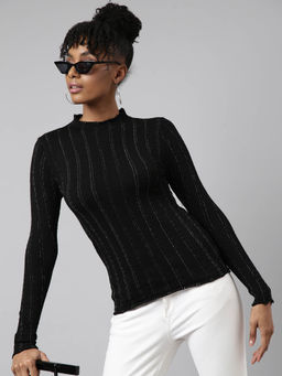 SHOWOFF - Womens Striped High Neck Black Fitted Top
