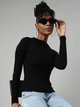 SHOWOFFFF - Womens High Neck Black Fitted Top