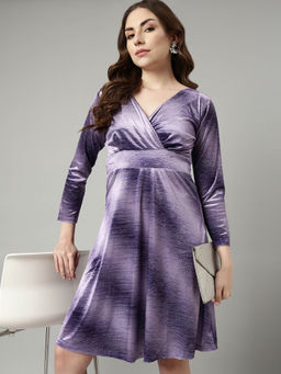 SHOWOFF - Womens A-Line V-Neck Tie and Dye Lavender Knee Length Dress