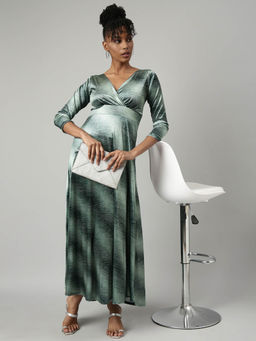 SHOWOFF - Womens V-Neck Self Design Green Maxi Dress